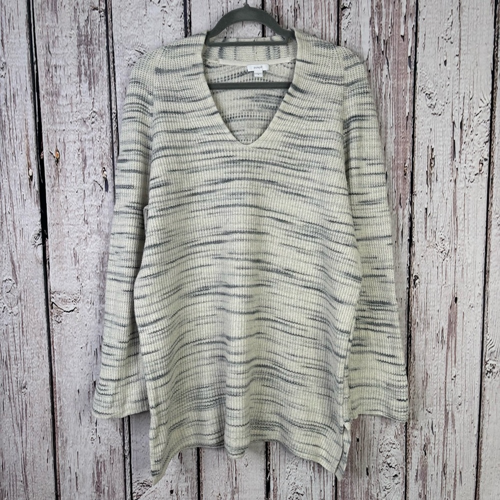J. Jill Pure Jill‎ Marled Gray & Ivory Sweater Tunic Medium V-Neck Bell Sleeves